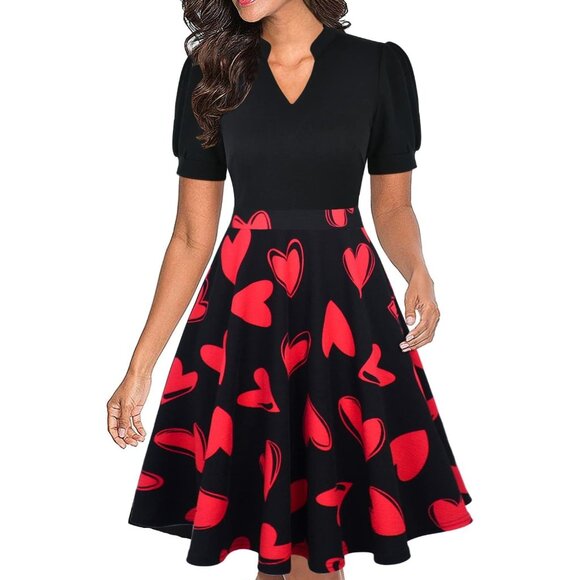 Women Valentines Short Puff Sleeve Flare Semi-Formal Summer Dress With Pockets - Picture 1 of 2
